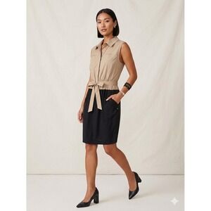 Laundry by Shelli Segal NWT Tan Black Colorblock Button Front Tie Waist Dress 12